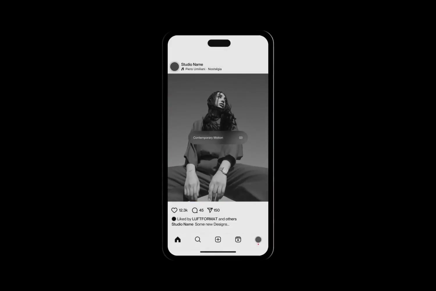 Phone frame showing card with portrait inside Instagram chrome