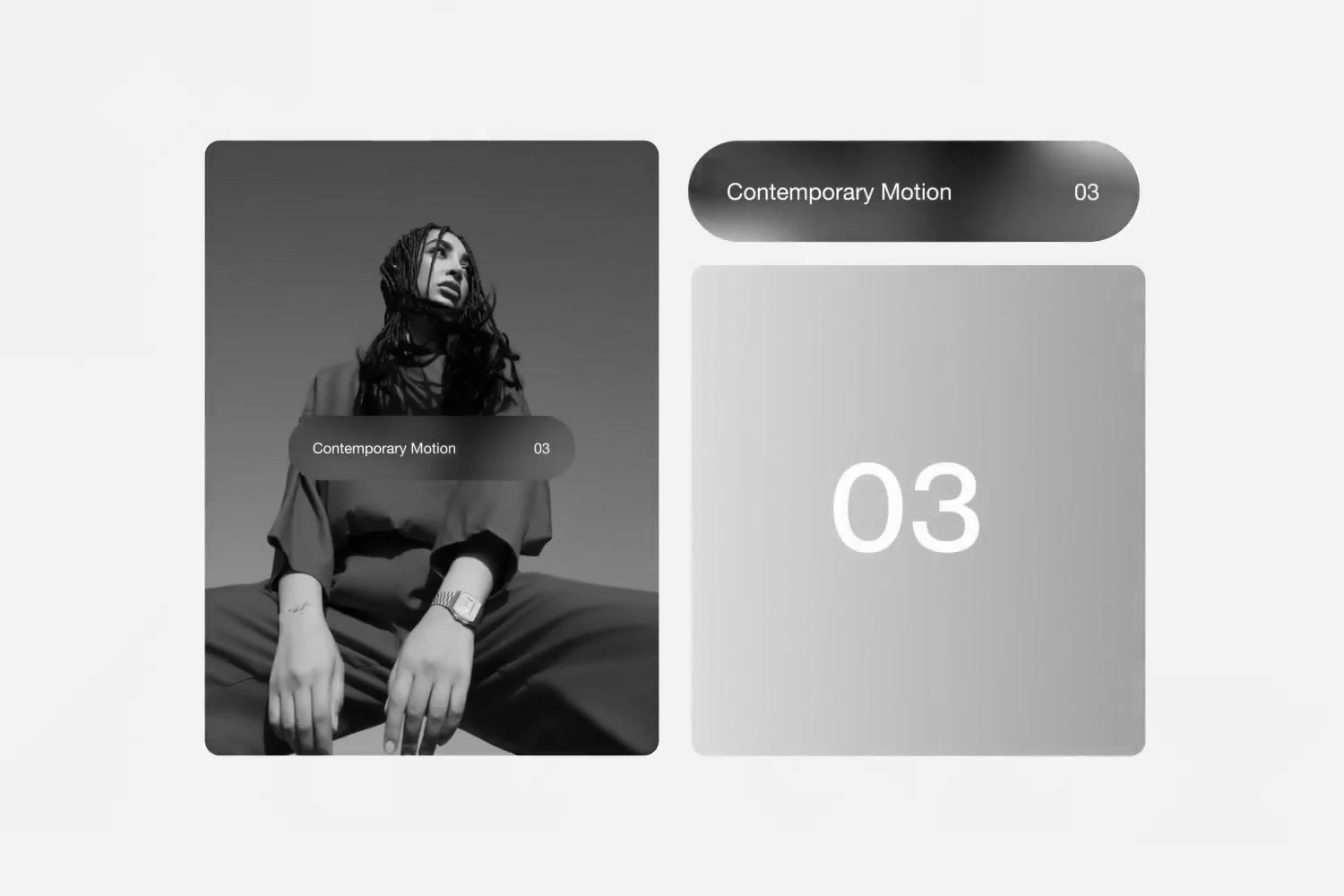 Swipe card — Contemporary Motion 03 pill over portrait plus large 03